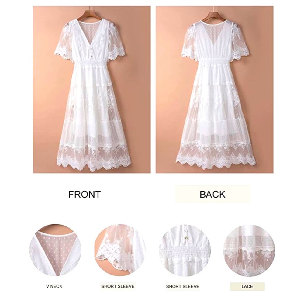 V Neck Button Down Floral Lace Maxi Dress